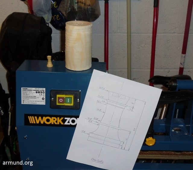 Chess piece and billet and drawing. The first one I make will be four times larger.